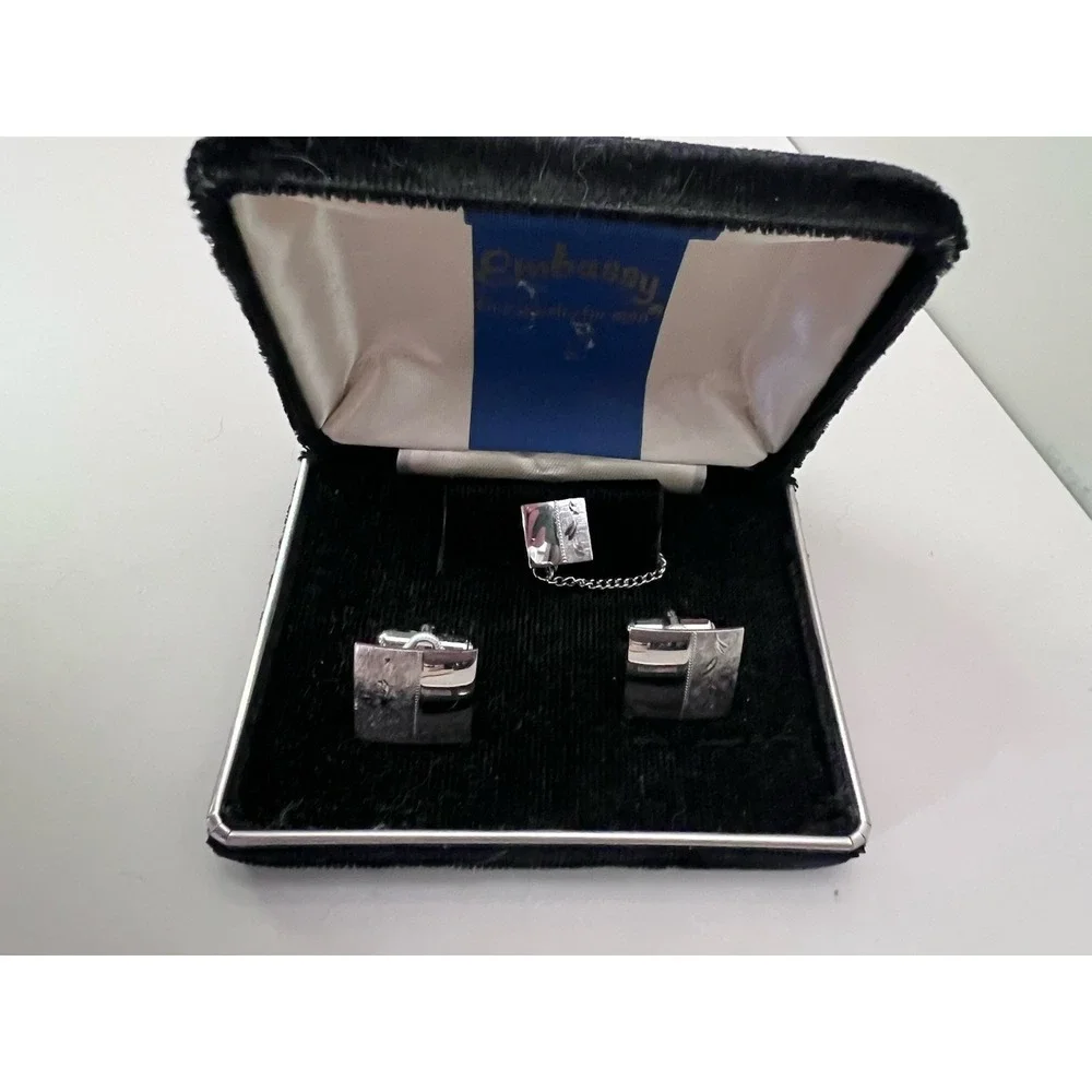 Vintage  Silver‎ Tone Cufflinks Tie Bar Embassy Fine Jewelry Men MCM 1950's
